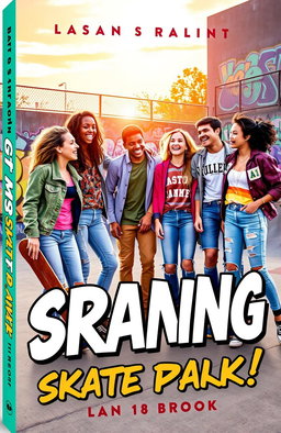 A vibrant and colorful book cover featuring a group of diverse teenagers hanging out in a lively urban skate park