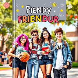 A dynamic and engaging book cover featuring a group of four diverse teenagers standing together on a school campus