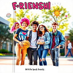 A dynamic and engaging book cover featuring a group of four diverse teenagers standing together on a school campus