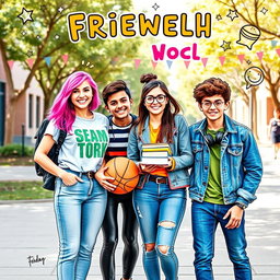 A dynamic and engaging book cover featuring a group of four diverse teenagers standing together on a school campus