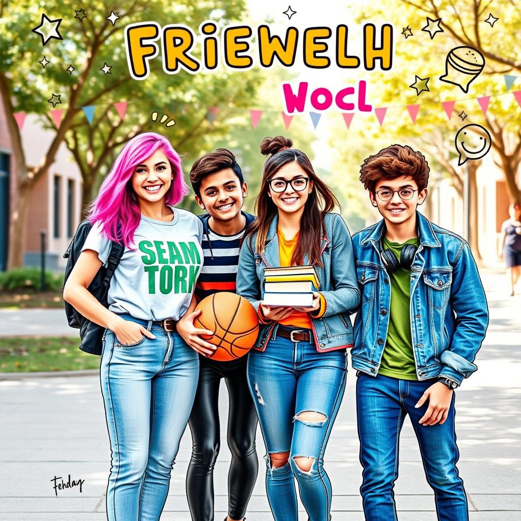 A dynamic and engaging book cover featuring a group of four diverse teenagers standing together on a school campus