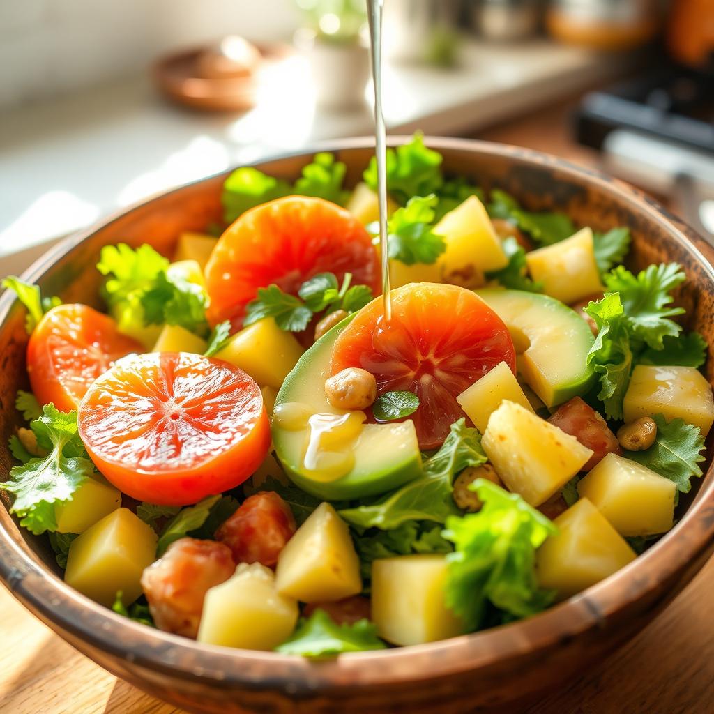 A vibrant and fresh salad featuring ripe pomelo segments, creamy avocado slices, juicy pineapple chunks, and crisp, green lettuce