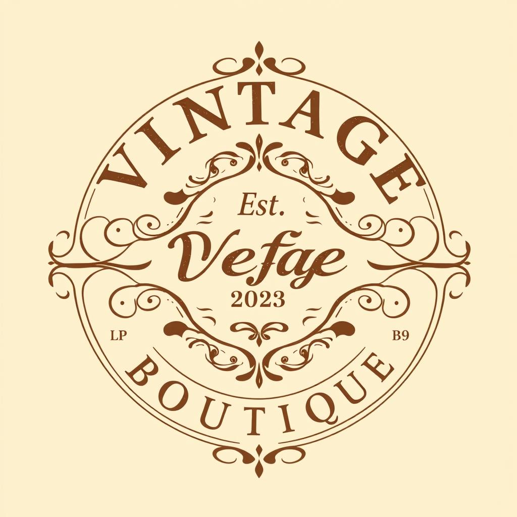 A vintage logo design featuring elegant lettering in a retro style, incorporating classic elements like ornate flourishes and decorative borders