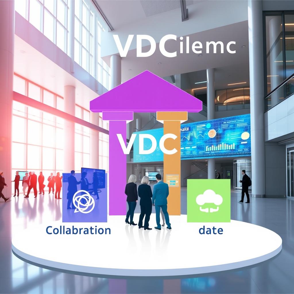 Visual representation of the VDC pillars concept, showcasing the four main pillars: Collaboration, Process, Technology, and Data, represented by distinct structures or symbols