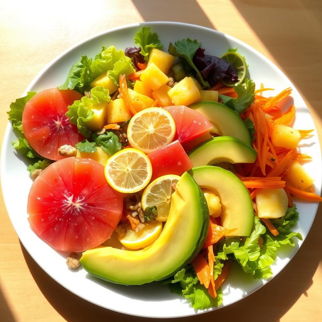 A vibrant and colorful salad featuring a combination of fresh pomelo, ripe avocado, juicy pineapple, crunchy lettuce, and sliced carrots, all elegantly arranged on a large white plate