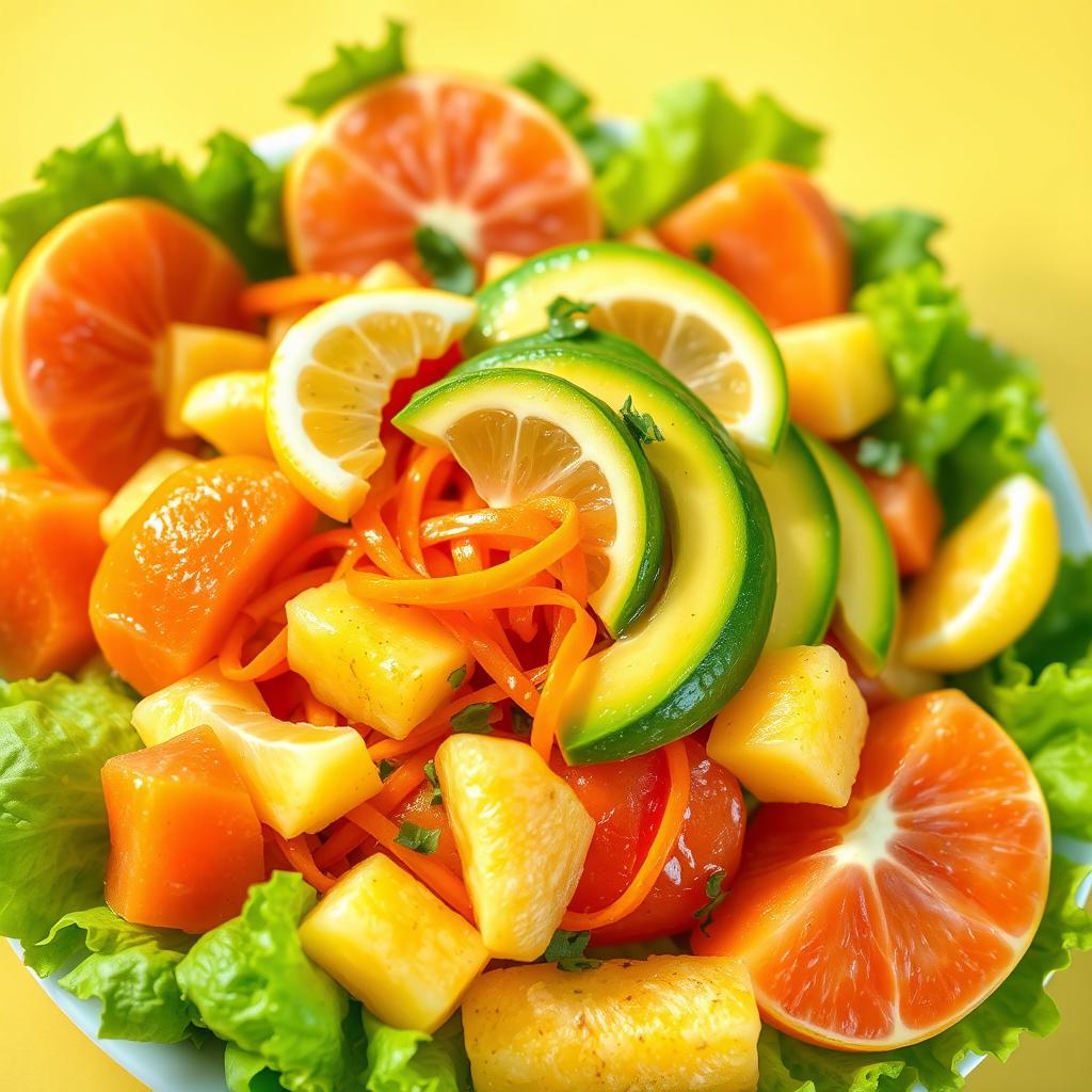 A vibrant and colorful salad featuring sliced pomelo, avocado, pineapple, and carrot, all beautifully arranged over a bed of fresh lettuce