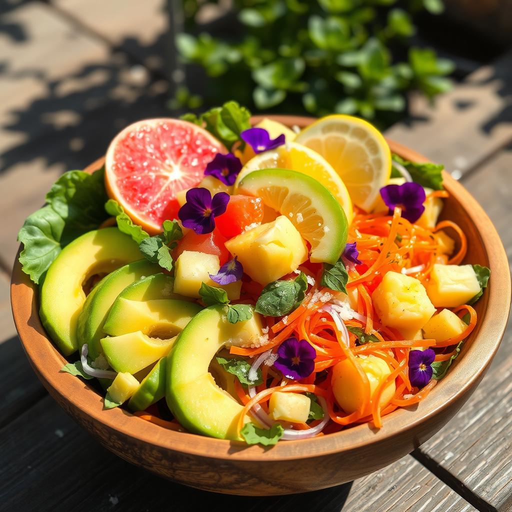 A vibrant salad featuring a colorful assortment of ingredients: juicy pomelo segments, creamy avocado slices, sweet pineapple chunks, crisp lettuce leaves, fresh carrot ribbons, and zesty lemon wedges