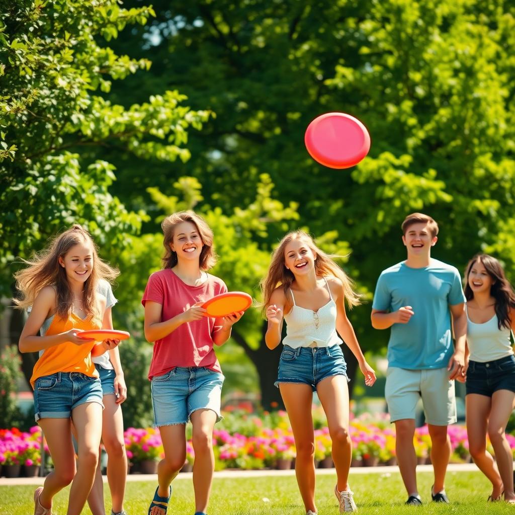 A group of lively teenagers enjoying a vibrant summer afternoon, playing frisbee in a sunlit park surrounded by lush green trees and colorful flowers, wearing casual summer outfits such as shorts and t-shirts, with bright smiles and laughter, capturing the spirit of youthfulness and friendship