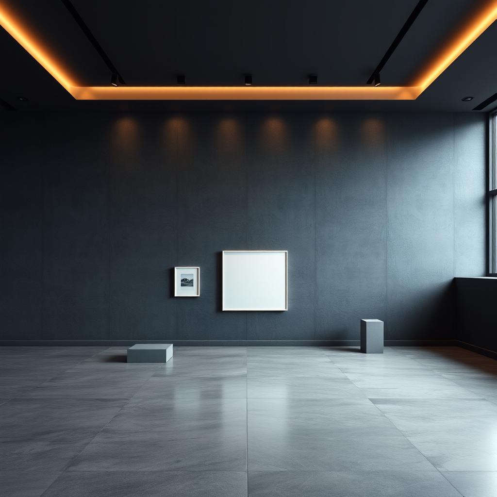 A modern art museum interior featuring a sophisticated and elegant dark grey wall