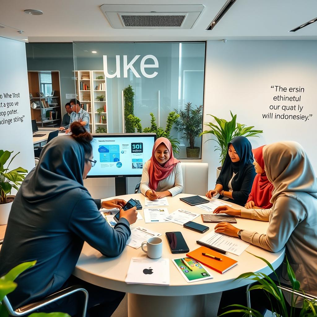 A vibrant scene showcasing the potential of Sharia Bank employees in Indonesia, featuring a modern, well-lit bank office