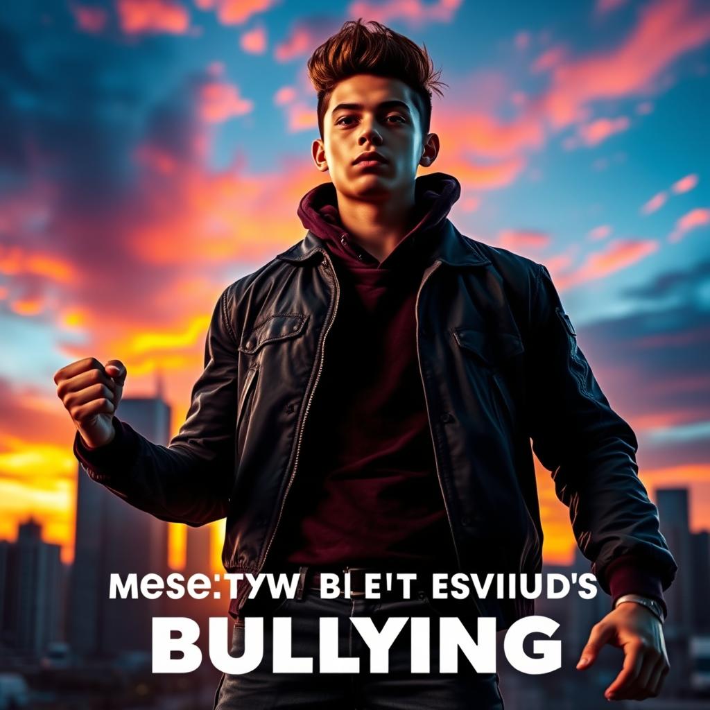 A dramatic scene depicting a person overcoming the emotional scars of bullying, standing tall and confident in a vibrant cityscape at sunset