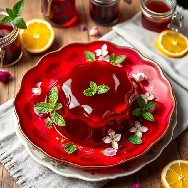 A vibrant and enticing jelly dish made from hibiscus flowers, beautifully presented on a decorative plate