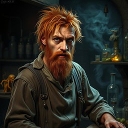 A male human alchemist-inventor character from a fantasy dungeon setting, age 35