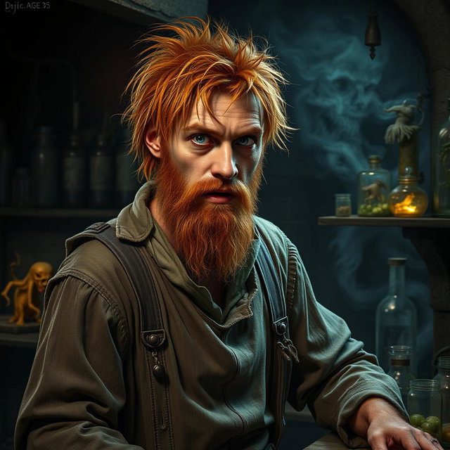 A male human alchemist-inventor character from a fantasy dungeon setting, age 35
