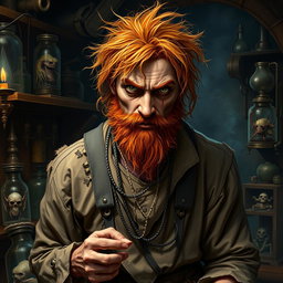 A male human alchemist-inventor character from a fantasy dungeon setting, age 35