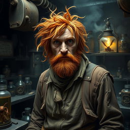 A male human alchemist-inventor character from a fantasy dungeon setting, age 35