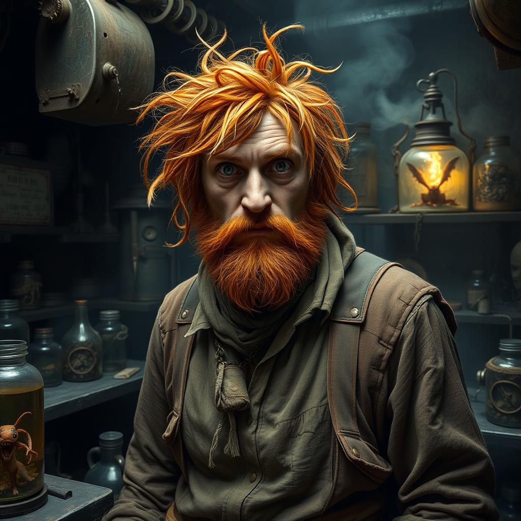 A male human alchemist-inventor character from a fantasy dungeon setting, age 35