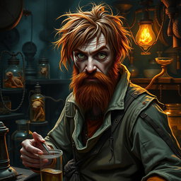 A male human alchemist-inventor character from a fantasy dungeon setting, age 35