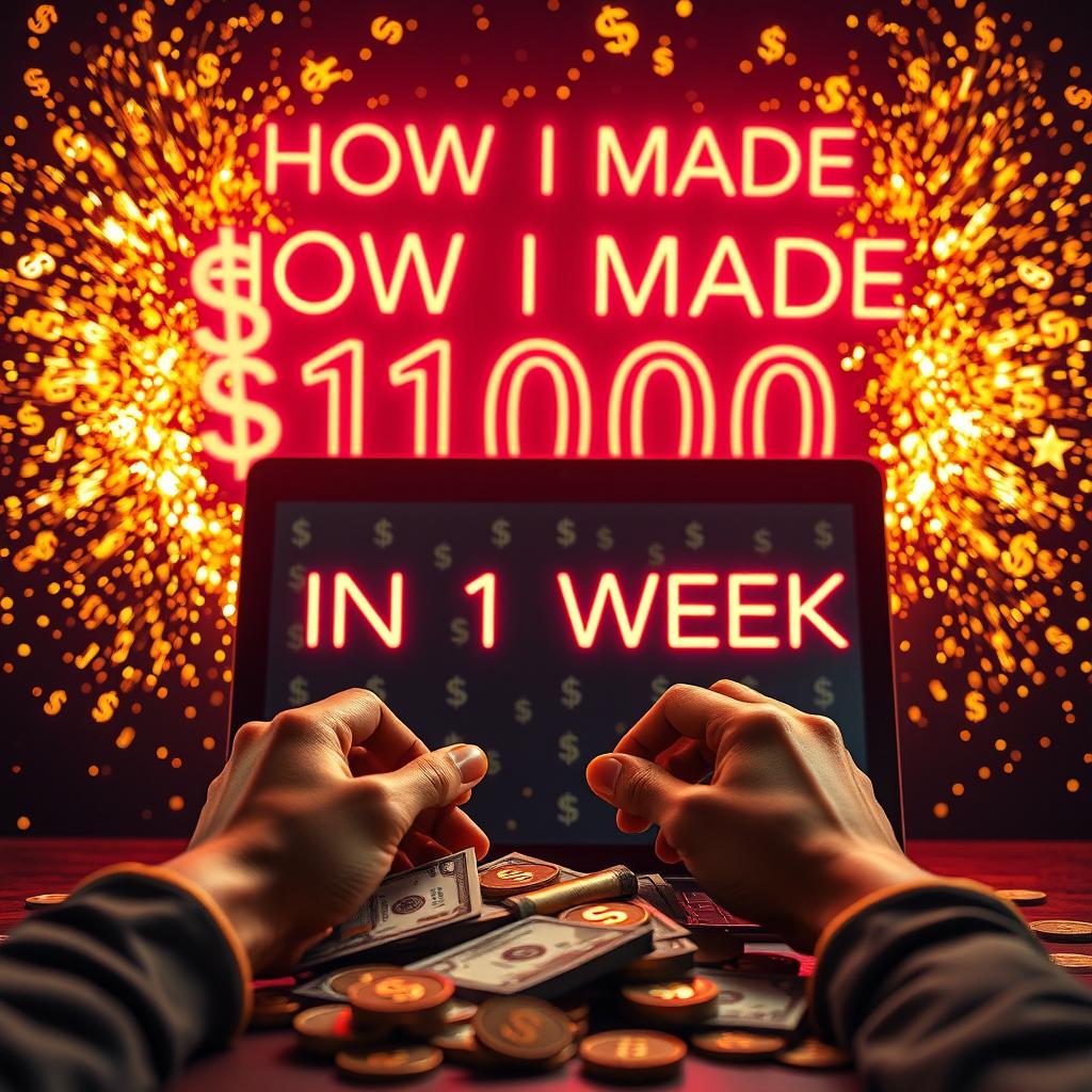A hyper-realistic composition featuring vibrant neon text that reads 'HOW I MADE $1000 IN 1 WEEK', exploding with golden dollar symbols