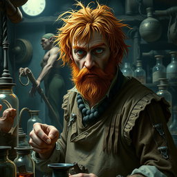 A male human alchemist-inventor character from a fantasy dungeon setting, age 35