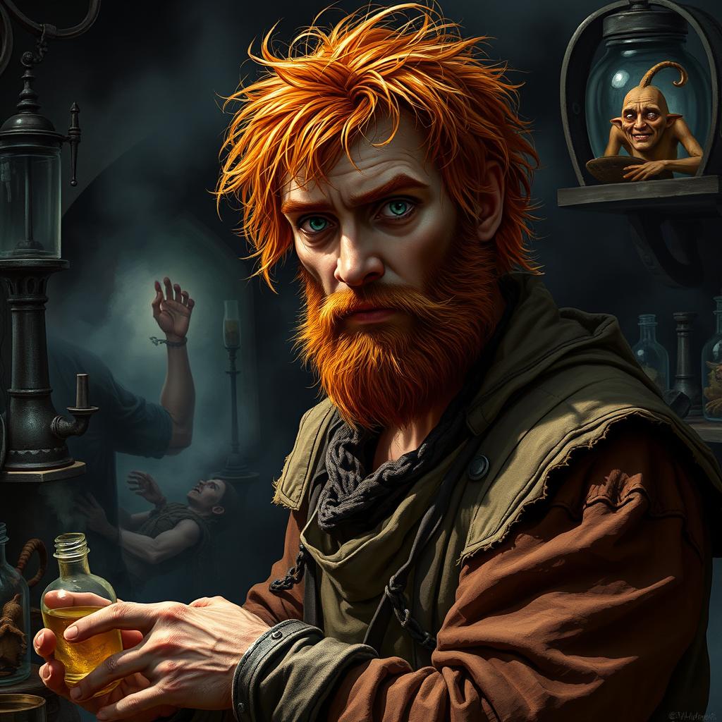A male human alchemist-inventor character from a fantasy dungeon setting, age 35