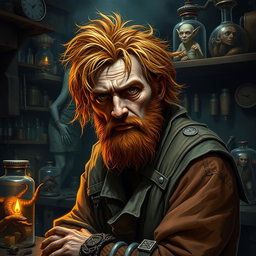 A male human alchemist-inventor character from a fantasy dungeon setting, age 35