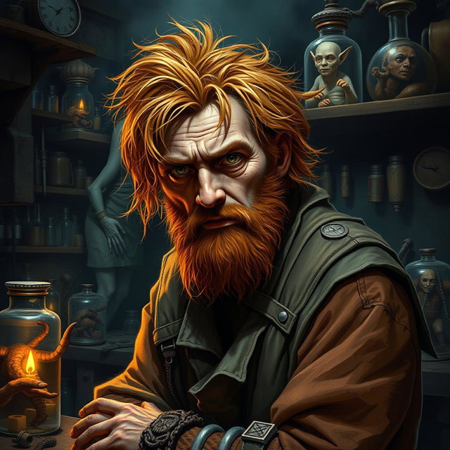 A male human alchemist-inventor character from a fantasy dungeon setting, age 35