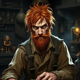 A male human alchemist-inventor character from a fantasy dungeon setting, age 35