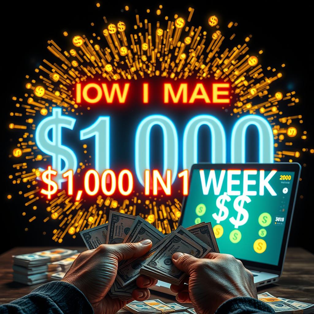 A vibrant neon text reading 'HOW I MADE $1000 IN 1 WEEK', with an explosion of gleaming golden dollar symbols surrounding it