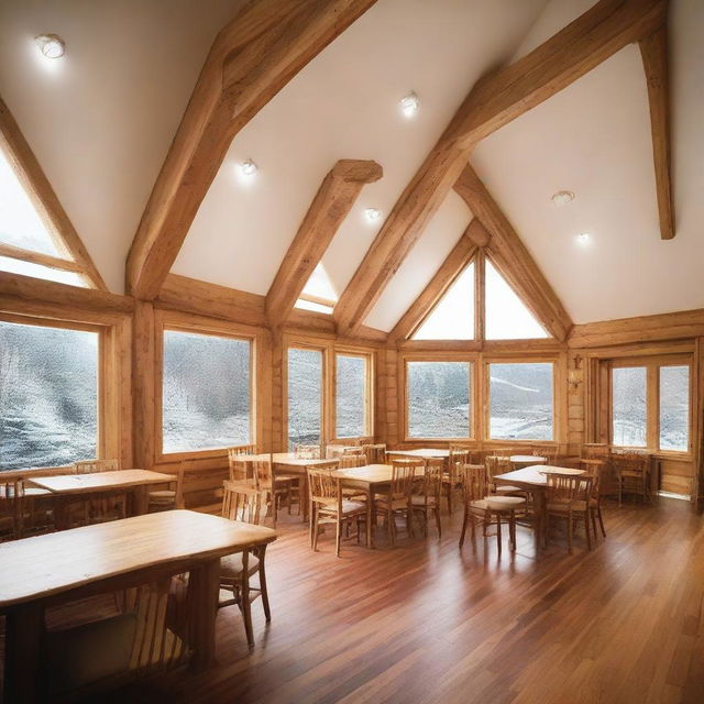 A two-storey retreat camp administration building perched on a mountain slope, inclusive of two well-equipped offices, three cozy bedrooms, a functional kitchen, a large dining hall capable of seating 80 guests, and a warm gathering area with a traditional fireplace.