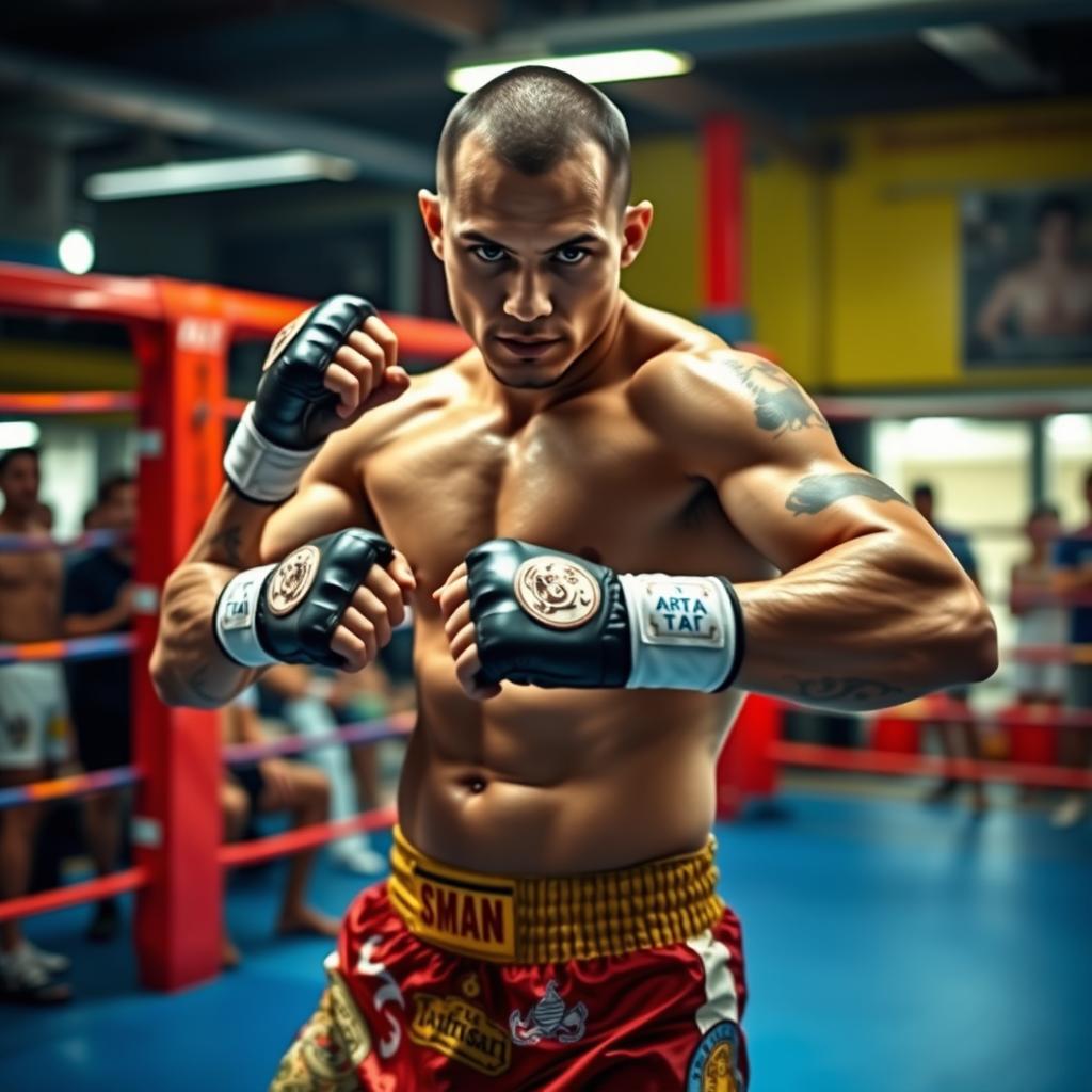 A powerful Muay Thai fighter in an active stance, showcasing muscular physique and intense focus