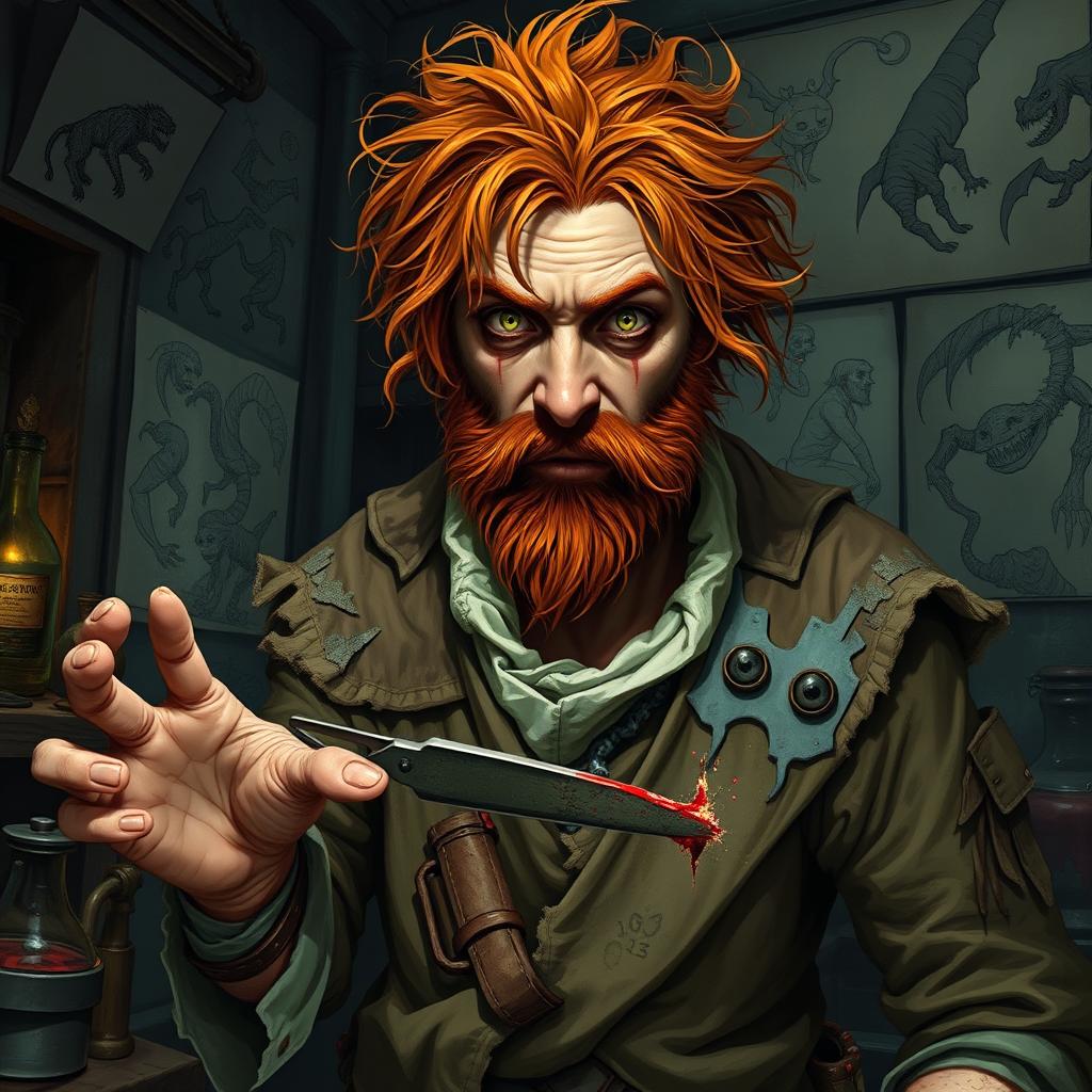 A male human alchemist-inventor character from a fantasy dungeon setting, age 35