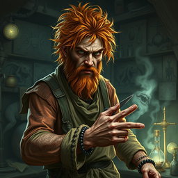 A male human alchemist-inventor character from a fantasy dungeon setting, age 35