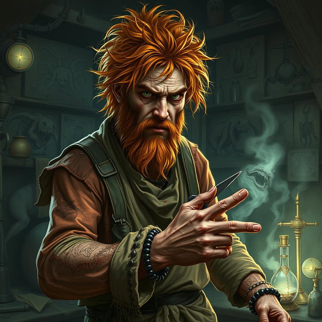 A male human alchemist-inventor character from a fantasy dungeon setting, age 35