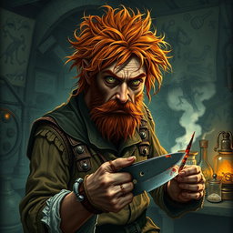 A male human alchemist-inventor character from a fantasy dungeon setting, age 35