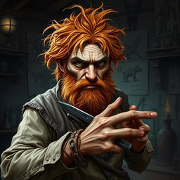A male human alchemist-inventor character from a fantasy dungeon setting, age 35