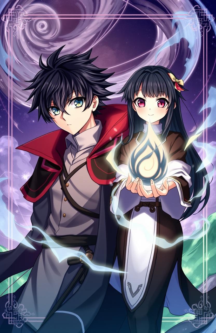 An anime book cover featuring a male mage with dark hair, characterized by rings underneath his eyes, wearing an adventurer tunic and a flowing black crusader cape