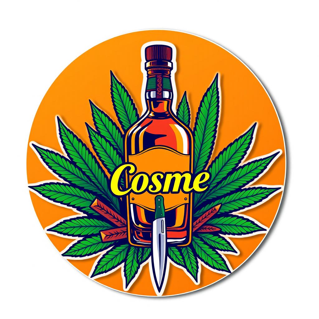 A round sticker design showcasing a single bold illustration of a whisky bottle, creatively intertwined with vibrant cannabis leaves and an artistic representation of a knife