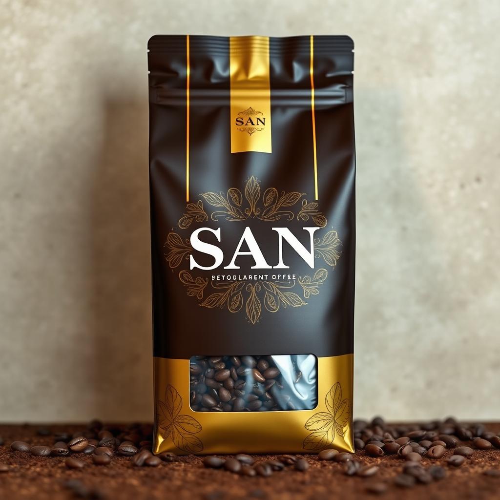 A packaging bag for SAN coffee, emphasizing a sleek and modern design