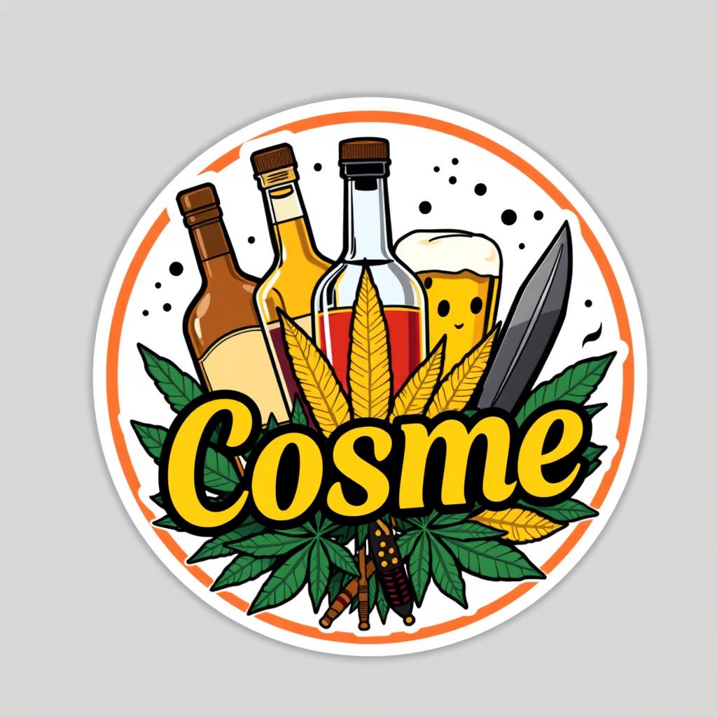 A round sticker design featuring a unique combination of themes: alcohol, marijuana, and a tactical element