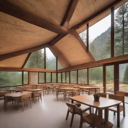 A two-storey retreat camp administration building perched on a mountain slope, inclusive of two well-equipped offices, three cozy bedrooms, a functional kitchen, a large dining hall capable of seating 80 guests, and a warm gathering area with a traditional fireplace.