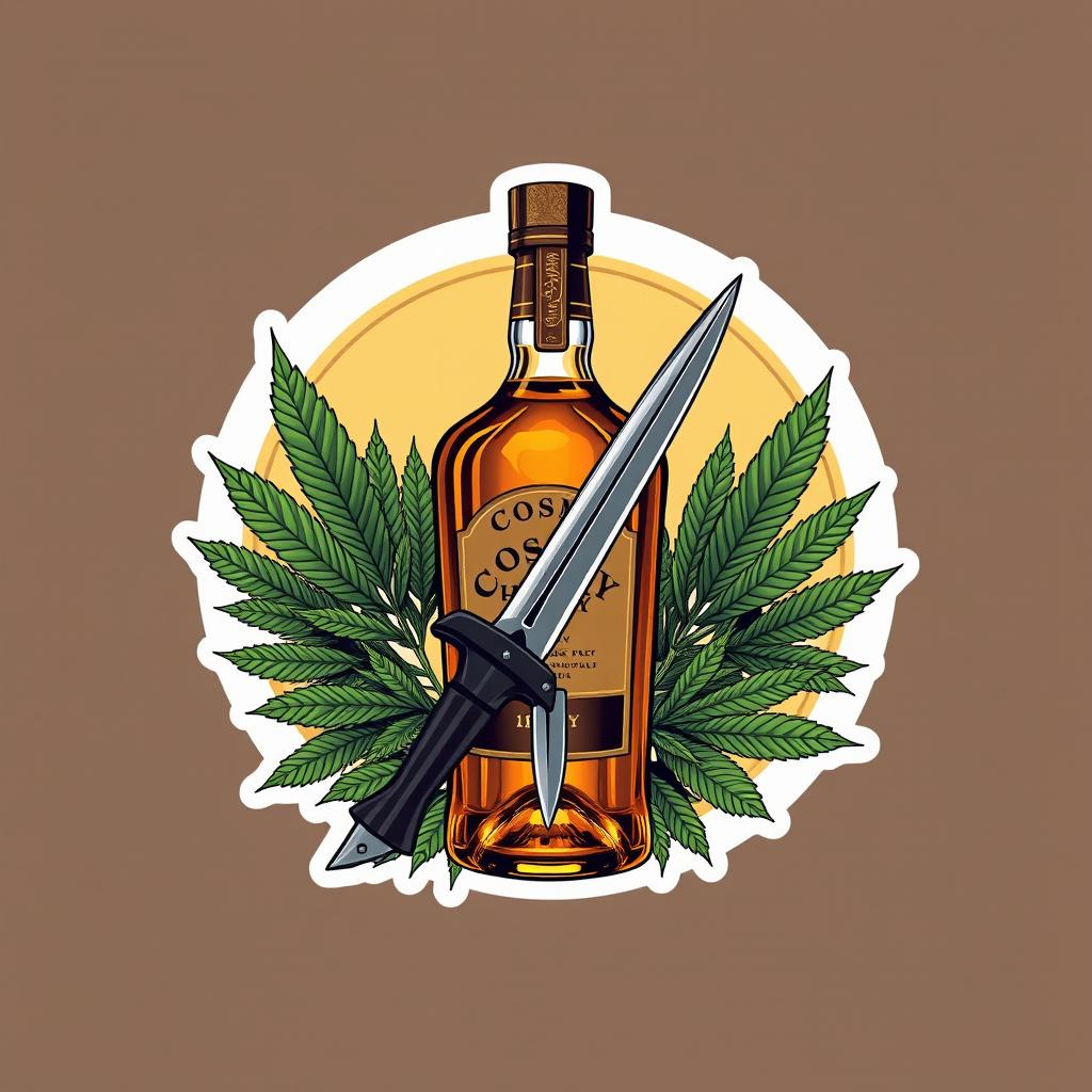 A round sticker design featuring a detailed illustration of a whisky bottle, surrounded by vibrant cannabis leaves and prominently displaying a sleek bayonet
