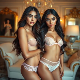 Gorgeous young twin sisters, one 18 and the other 19, embodying a stunning aesthetic with their tan Latina Arabic skin and long, flowing brunette hair