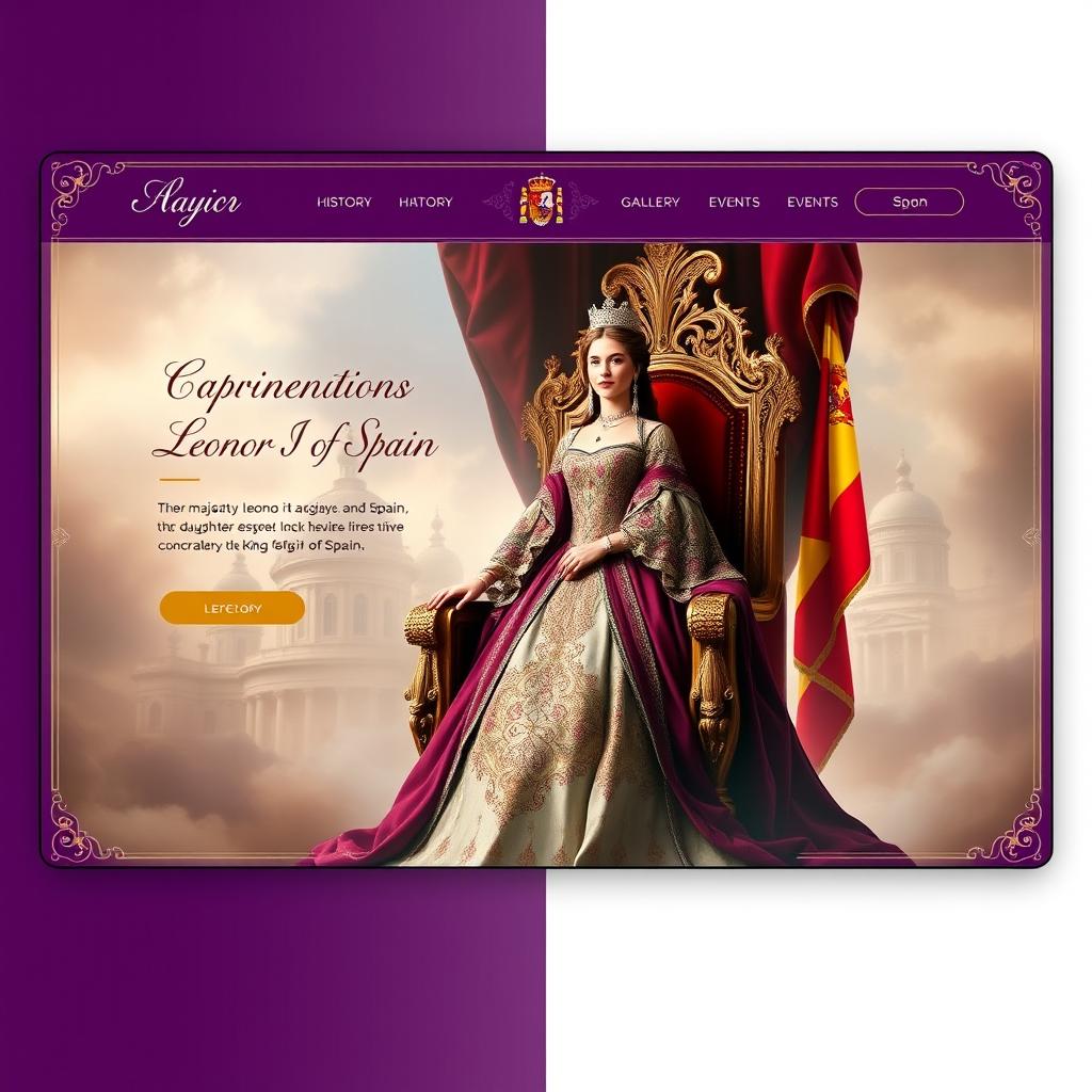 A beautifully designed web page interface showcasing the coronation of Her Majesty Leonor I of Spain, the daughter of King Felipe of Spain