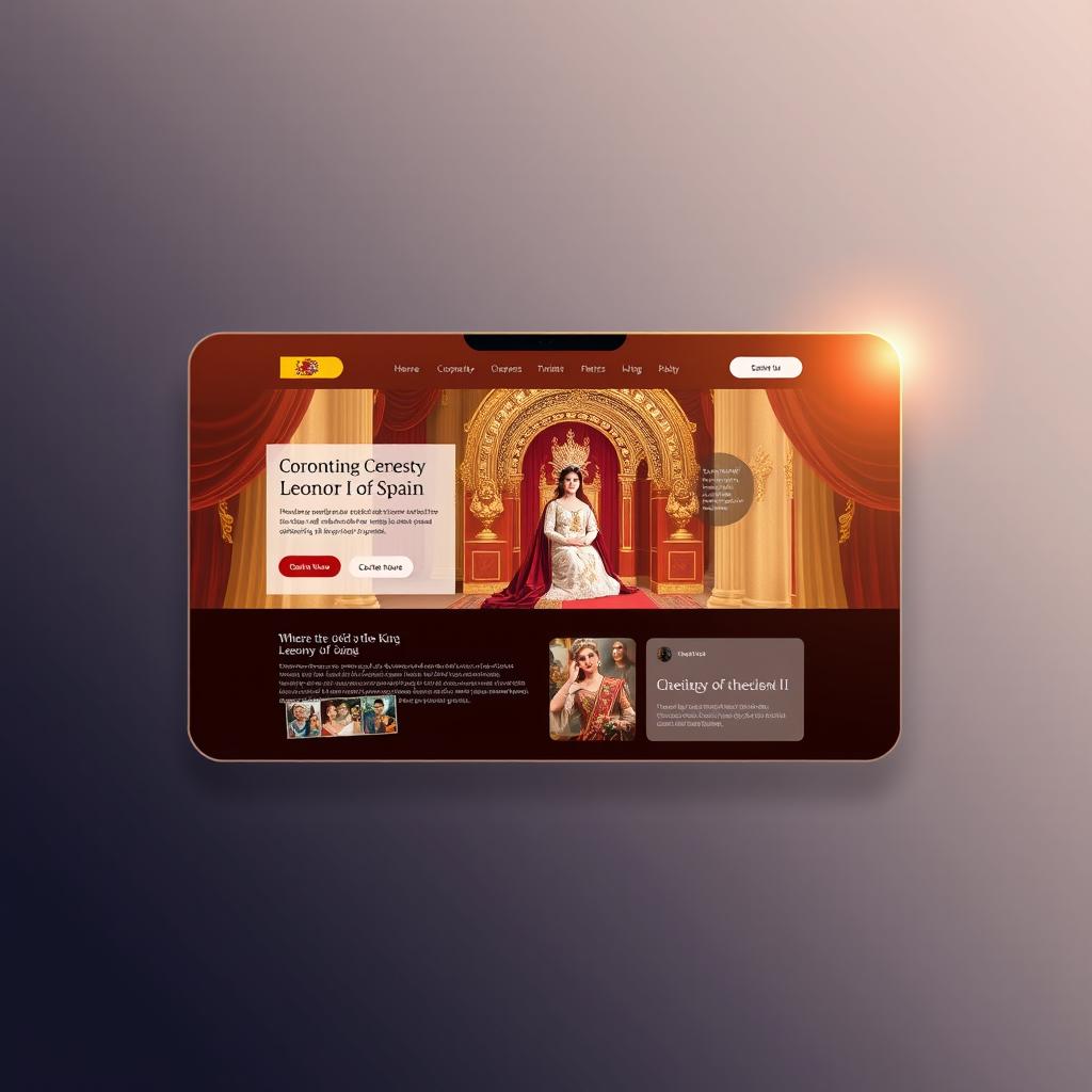 A futuristic web page interface showcasing the coronation of Her Majesty Leonor I of Spain, daughter of King Felipe VI of Spain