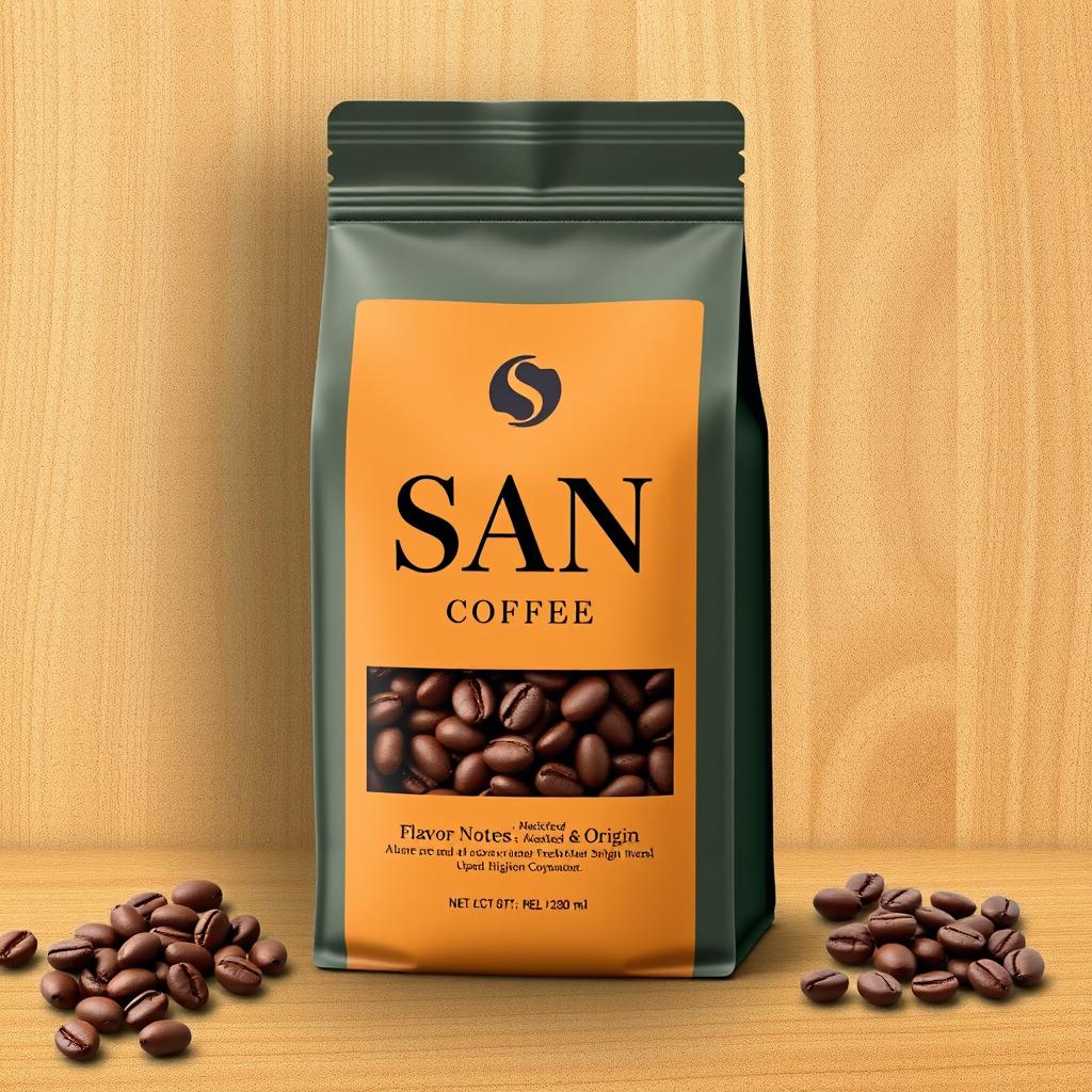 A high-quality coffee packaging bag design for SAN coffee, featuring a warm, inviting color palette that evokes the richness of coffee