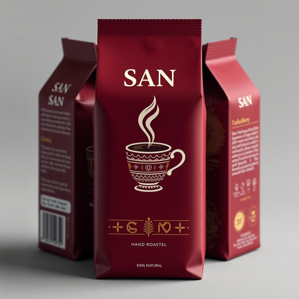 A packaging design for SAN coffee featuring a deep burgundy background symbolizing warmth and passion, typical of traditional Balkan designs