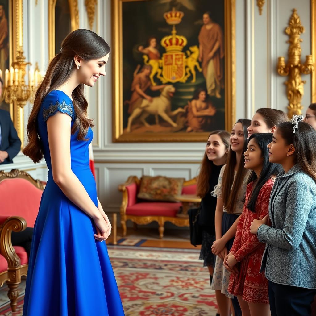 Leonor, future queen of Spain and daughter of King Felipe VI, engaging in a heartfelt discussion with a group of teenagers moments before her proclamation as queen