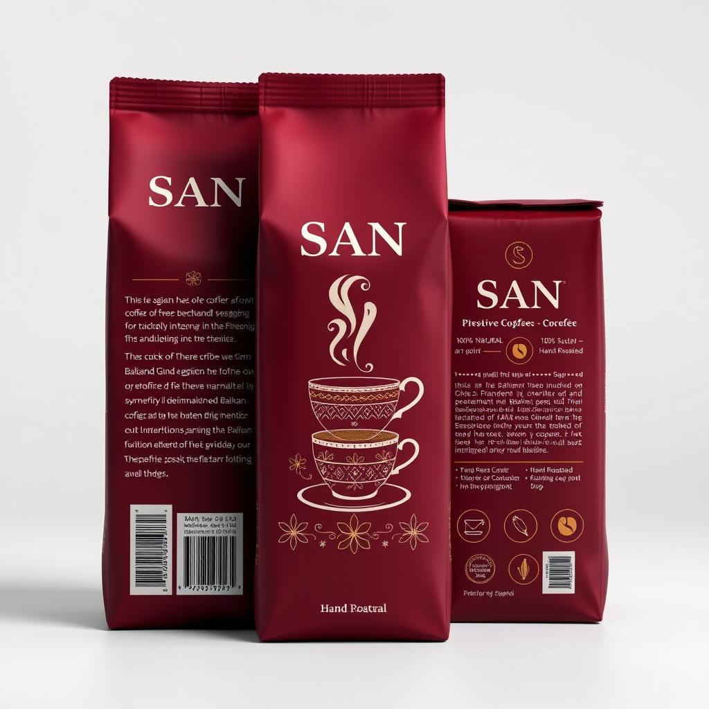 A packaging design for "SAN" coffee, featuring a deep dark red background symbolizing warmth and passion, commonly found in traditional Balkan designs