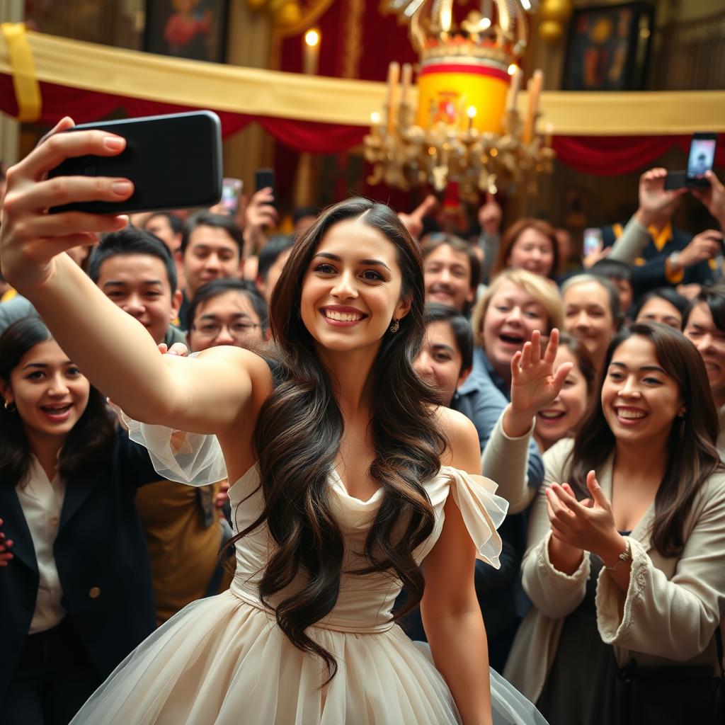 Leonor, the future queen of Spain and daughter of King Felipe VI, taking a joyful selfie with a crowd of enthusiastic supporters moments before her coronation as queen